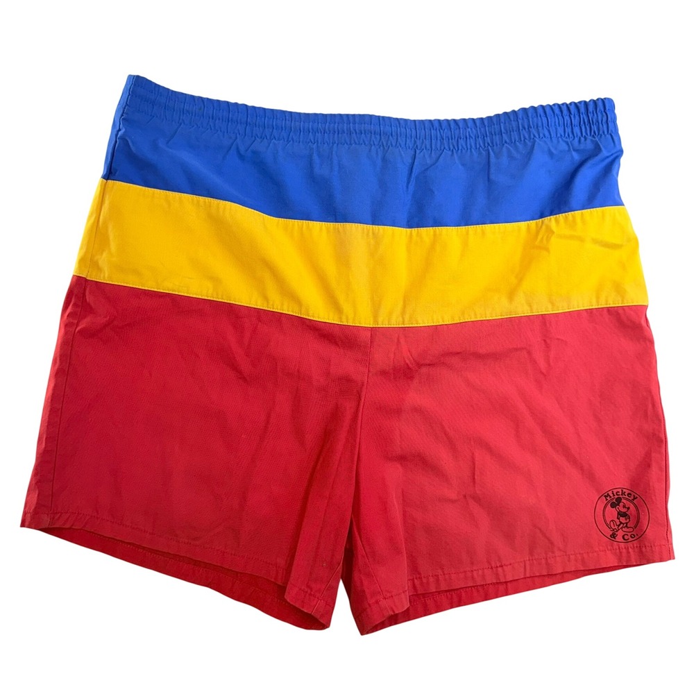 Mickey & Co Swim Trunks Mens XL Red Yellow Blue Vintage Colorblock Shorts